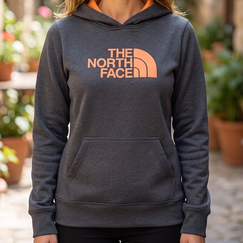 The North Face Womens‎ Pullover Hoodie Grey Orange Logo Fleece Sweatshirt